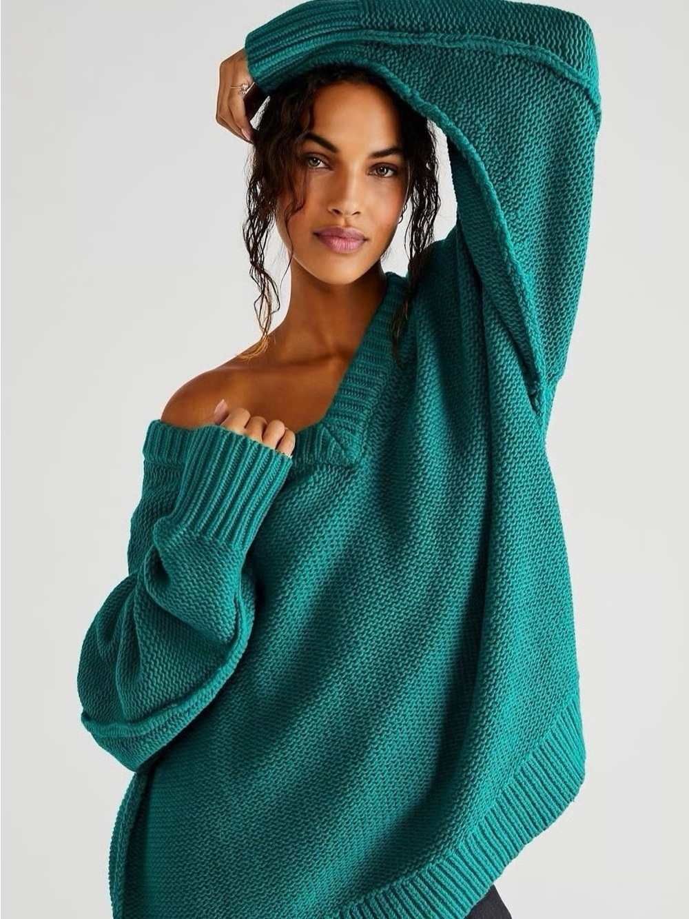 Free People Mountain View Oversized V-Neck Sweater Emerald Green NWT Large
